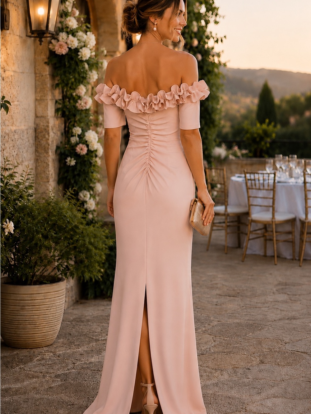 Xscape Blush Off Shoulder Ruffle Ruched Formal Gown Dress Size 10 Elegant Classy